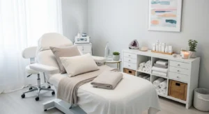 Bright, clean esthetician suite with treatment bed, storage, and calming decor