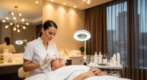 Professional esthetician performing facial treatment in suite